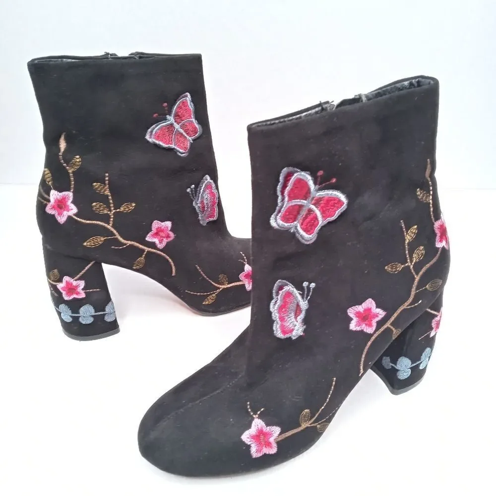 Nanette Lepore Black Suede Embroidered Lilly Ankle